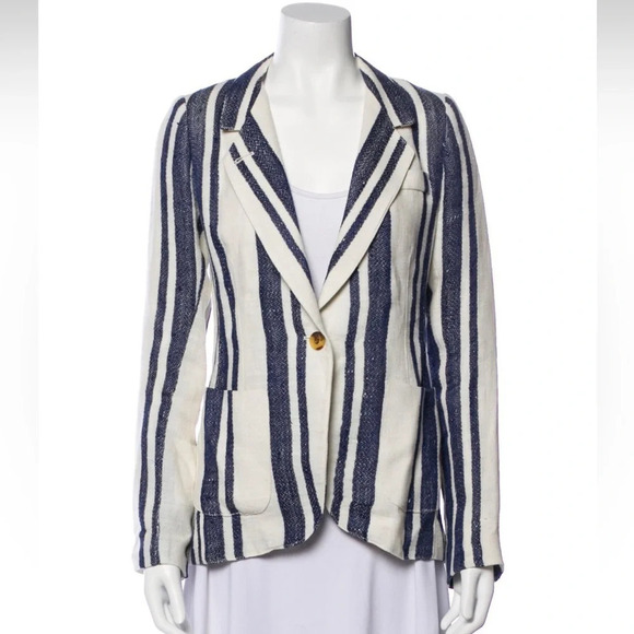 Smythe Blazer 100% Linen Lined Navy Stripe Nautical - Picture 4 of 9